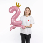 Шар (32''/81 см) Цифра на подставке, 2 Золотая корона, Розовый, 1 шт. в уп., 131252