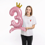 Шар (32''/81 см) Цифра на подставке, 3 Золотая корона, Розовый, 1 шт. в уп., 131253