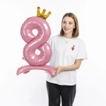 Шар (32''/81 см) Цифра на подставке, 8 Золотая корона, Розовый, 1 шт. в уп., 131258