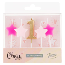 Набор свечей 1-ый День Рождения Девочки, Золото/Розовый, 2,5*3,5 + 4 см, 5 шт. с держат., 639283