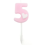 Свеча Цифра, 5 Белое сердечко, на шпажке, Розовый, 4,5 + 4 см, 1 шт. с держат., 802835