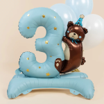 Шар (35''/89 см) Цифра на подставке, 3 Годика, Мишка в колпачке, Голубой, Сатин, 1 шт. в уп., 267563B