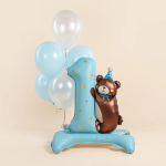 Шар (35''/89 см) Цифра на подставке, 1 Годик, Мишка в колпачке, Голубой, Сатин, 1 шт. в уп., 26756B