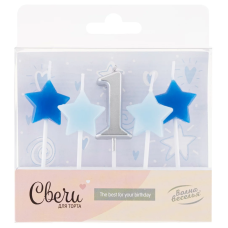 Набор свечей 1-ый День Рождения Мальчика, Серебро/Голубой, 2,5*3,5 + 4 см, 5 шт. с держат., 639282