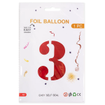 Шар (40''/102 см) Цифра, 3, Красный, Металлик, 1 шт. в уп., 27363