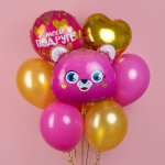 Шар (23''/58 см) Фигура, Мишка, Золотые сердечки, Розовый, 1 шт. в уп., 23522