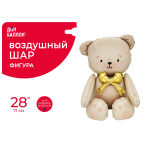 Шар (28''/71 см) Фигура 3D, Сидячий мишка с бантиком, Сатин, 1 шт. в уп., 26685