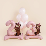 Шар (35''/89 см) Цифра на подставке, 3 Годика, Мишка в колпачке, Розовый, Сатин, 1 шт. в уп., 267563P