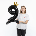 Шар (32''/81 см) Цифра на подставке, 9 Золотая корона, Черный, 1 шт. в уп., 131249