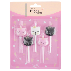 Набор свечей Фигура, Котенок Принцесса, Ассорти, Металлик, 6 см, 5 шт. с держат., 639242