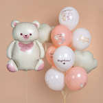 Шар (35''/89 см) Фигура, Мишка с бантом, Бежевый/Розовый, Сатин, 1 шт., 26012