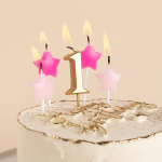 Набор свечей 1-ый День Рождения Девочки, Золото/Розовый, 2,5*3,5 + 4 см, 5 шт. с держат., 639283