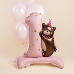 Шар (35''/89 см) Цифра на подставке, 1 Годик, Мишка в колпачке, Розовый, Сатин, 1 шт. в уп., 26756P