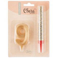 Набор, Фонтан и Свеча Цифра, 9 Грани, Золото, 10 см, 1 шт., 1779