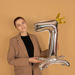 Шар (32''/81 см) Цифра на подставке, 7 Золотая корона, Серебро, 1 шт. в уп., 24177