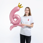 Шар (32''/81 см) Цифра на подставке, 6 Золотая корона, Розовый, 1 шт. в уп., 131256