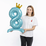 Шар (32''/81 см) Цифра на подставке, 8 Золотая корона, Голубой, 1 шт. в уп., 131268