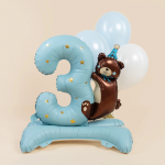 Шар (35''/89 см) Цифра на подставке, 3 Годика, Мишка в колпачке, Голубой, Сатин, 1 шт. в уп., 267563B