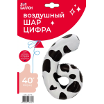 Шар (40''/102 см) Цифра, 6 Пятнышки, Черный/Белый, 1 шт. в уп., 23776
