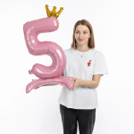 Шар (32''/81 см) Цифра на подставке, 5 Золотая корона, Розовый, 1 шт. в уп., 131255