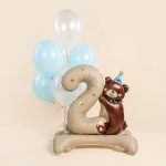 Шар (35''/89 см) Цифра на подставке, 2 Годика, Мишка в голубом колпачке, Бежевый, Сатин, 1 шт. в уп., 27302B