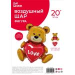 Шар (20''/51 см) Фигура 3D, Сидячий мишка с сердцем, 1 шт. в уп., 24255