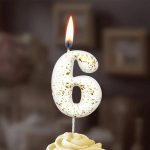 Свеча Цифра, 6 Золотые брызги, на шпажке, Белый, Металлик, 4,3 + 5,2 см, 1 шт. с держат., 5646