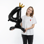 Шар (32''/81 см) Цифра на подставке, 4 Золотая корона, Черный, 1 шт. в уп., 131244