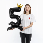 Шар (32''/81 см) Цифра на подставке, 5 Золотая корона, Черный, 1 шт. в уп., 131245