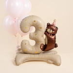Шар (35''/89 см) Цифра на подставке, 3 Годика, Мишка в розовом колпачке, Бежевый, Сатин, 1 шт. в уп., 27303P