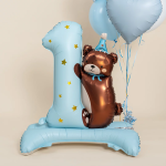 Шар (35''/89 см) Цифра на подставке, 1 Годик, Мишка в колпачке, Голубой, Сатин, 1 шт. в уп., 26756B