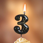 Свеча Цифра, 3 Золотые брызги, на шпажке, Черный, Металлик, 4,3 + 5,2 см, 1 шт. с держат., 5633