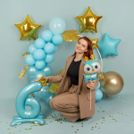 Шар (32''/81 см) Цифра на подставке, 6 Золотая корона, Голубой, 1 шт. в уп., 24206