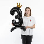 Шар (32''/81 см) Цифра на подставке, 3 Золотая корона, Черный, 1 шт. в уп., 131243