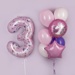 Шар (34''/86 см) Цифра, 3 Волшебные единороги, Розовый, 1 шт. в уп., 24803