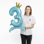 Шар (32''/81 см) Цифра на подставке, 3 Золотая корона, Голубой, 1 шт. в уп., 131263