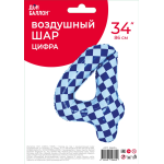 Шар (34''/86 см) Цифра, 4 Клеточки, Голубой/Синий, 1 шт. в уп., 26634