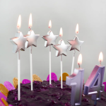 Свечи Звезда, на шпажке, Серебро, Металлик, 3*3 + 12 см, 5 шт. с держат., 802952S