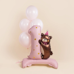 Шар (35''/89 см) Цифра на подставке, 1 Годик, Мишка в колпачке, Розовый, Сатин, 1 шт. в уп., 26756P