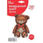 Шар (28''/71 см) Фигура 3D, Сидячий мишка с бантиком, Коричневый, Сатин, 1 шт. в уп., 26686