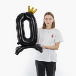 Шар (32''/81 см) Цифра на подставке, 0 Золотая корона, Черный, 1 шт. в уп., 131240
