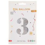 Шар (40''/102 см) Цифра, 3, Серебро, Металлик, 1 шт. в уп., 24093