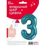 Шар (34''/86 см) Цифра, 3 Slim, Тиффани, 1 шт. в уп., 131403