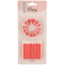 Свечи Белые полоски, Красный, 6 см, 24 шт. с держат., 620108