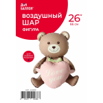 Шар (26''/66 см) Фигура 3D, Мишка с сердцем, Бежевый, Сатин, 1 шт. в уп., 24889