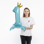 Шар (32''/81 см) Цифра на подставке, 1 Золотая корона, Голубой, 1 шт. в уп., 131261