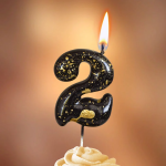 Свеча Цифра, 2 Золотые брызги, на шпажке, Черный, Металлик, 4,3 + 5,2 см, 1 шт. с держат., 5632