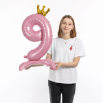 Шар (32''/81 см) Цифра на подставке, 9 Золотая корона, Розовый, 1 шт. в уп., 131259