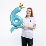Шар (32''/81 см) Цифра на подставке, 6 Золотая корона, Голубой, 1 шт. в уп., 131266