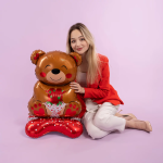 Шар 3D (39''/99 см) Фигура на подставке, Мишка с букетом, 1 шт. в уп., 24863